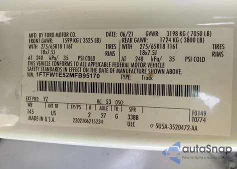 2021 Ford F-150 Xlt из США, поврежденный, VIN 1FTFW1E52MFB95170